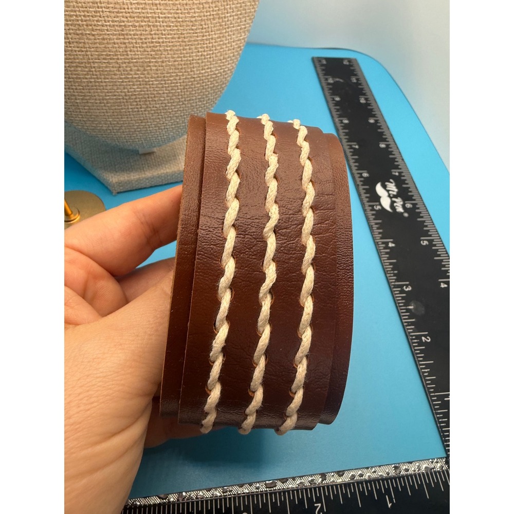 Brown Leather Cuff Bracelet Wide Whipstitch Boho Western Snap Closure‎ 2 Inch